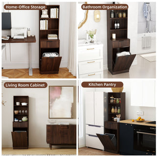 Tall Narrow Fluted Storage Cabinet With Trash Bin Compartment For Kitchen (Trash Can Not Included)