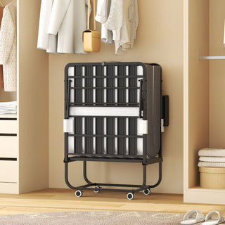 Twin Folding Bed With Adjustable Headboard & Memory Foam, Space Saving Rollaway Guest For Tall People, Portable On Wheels, Easy Assembly - Black