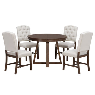 Dining Set With Leaf Round Table And 4 Upholstered Chairs