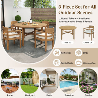 5 Piece Round Patio Table & Cushioned Armrest Chairs, Outdoor Dining Set With Umbrella Hole