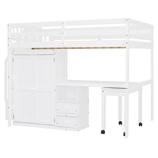 Loft Bed With Stairs, Bookshelf, Drawers, Desk & Wardrobe, Space Saving Multifunctional Furniture