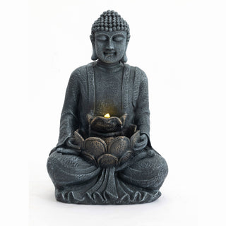 Zen - 2 Tier Meditating Buddha Water Fountain With Pump & LED Light - Gray