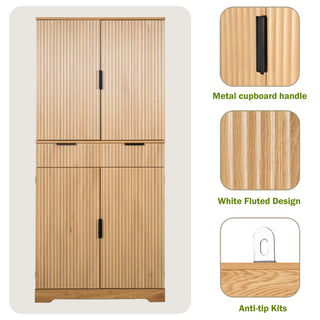 Fluted Kitchen Pantry Cabinet With 3 Keyboard Drawers & 6 Door Shelves Adjustable