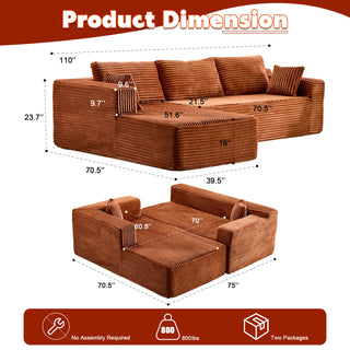Compression Sectional Couch With Comfy Chaise, Boneless L Shape Sofa With Deep Seat