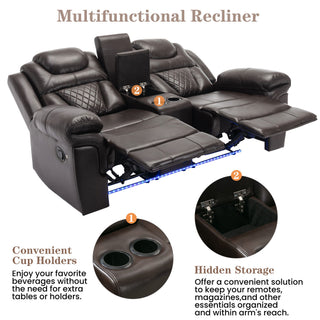 3 Pieces Recliner Sofa Sets Home Theater Seating Manual Recliner Chair With Center Console And LED Light Strip For Living Room