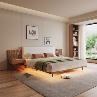 Floating King Size Bed With Integrated Side Tables And Smart Lighting - Beige Gray / White