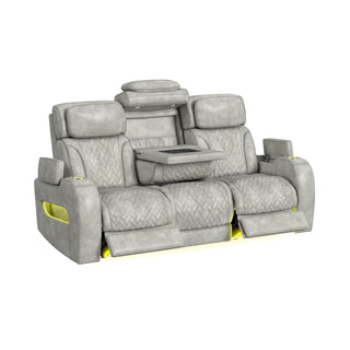 Prime Time - P3 Sofa With Ddt, 3.0 Table, 7 Colors (Led And Cup Holders), Reading Light, Vibration, Speaker, And Heat Massage - Leather Gel Light Gray