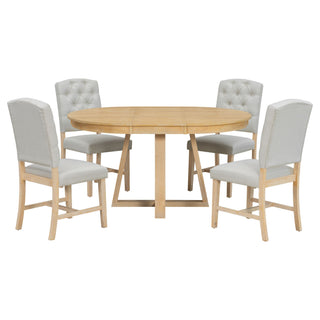 Dining Set With Leaf Round Table And 4 Upholstered Chairs
