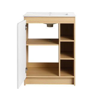 Freestanding Bathroom Vanity With Thin Rim Sink, Single Door With 4 Tier Open Shelves - Light Oak / White