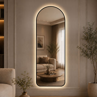 65" X 24" Arched LED Full Length Mirror With Frame, 3 Color Temperatures & Stepless Dimming - Black