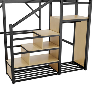 Queen Size Loft Bed & Stairs, Storage Shelves, Wardrobe - Black / Wood
