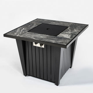 Morden Steel Fire Pit Table With Marble Tile Tabletop, Glass Wind Guard And Lid