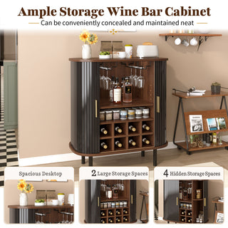 Fluted Wine Bar Cabinet With 8 Grid Wine Rack, 5 Level Adjustable Shelves, 2 Glass Holders
