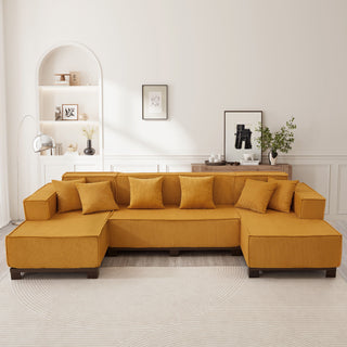 U-Shaped Sectional Sofa With RGB LED Light Strip And 6 Pillows
