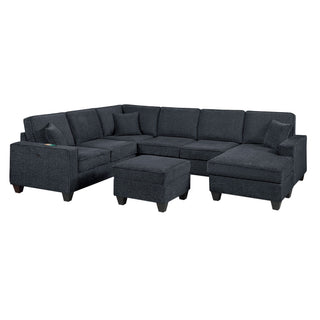 5 Piece Sectional Set With USB Port Left Arm Loveseat Chaise Right Arm Loveseat Corner Wedge Armless Chair Ottoman Upholstered - Black / Slate