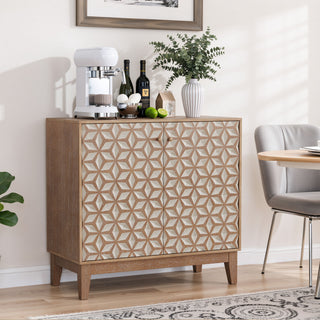Geometric Design Sideboard With 2 Doors And Adjustable Shelves - Tangerine / Walnut