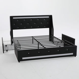 Wingback Upholstered Bed Frame With LED Lights, Charging Station