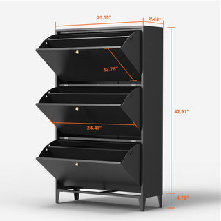 3 Drawer All Steel Shoe Cabinet, Freestanding Storage Organizer With Flip Door