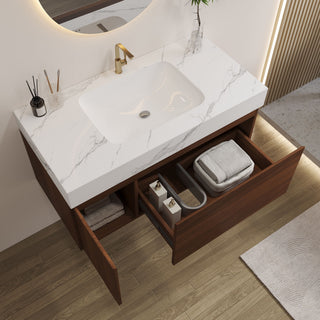 Floating Bathroom Vanity & Basin 1 Soft Close Drawer + 1 Cabinet, Wall Mounted - Walnut / White