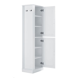 Tall Freestanding Bathroom Storage Cabinet With Adjustable Shelves And Side Hooks