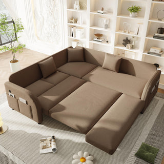 L-Shaped Couch With Pull-Out Bed, Oversize Convertible Sleeper Sofa With Side Pocket & USB Port