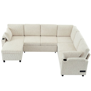 U-Shaped Sectional Sleeper Sofa With Ample Storage Space, 2 Cup Holders And Charging Ports For Living Room