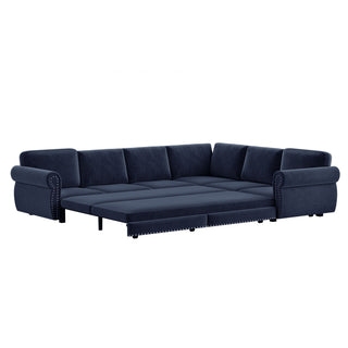 L-Shaped Sofa Couch With Pull Out Bed With Nailhead Trim & Rolled Arm