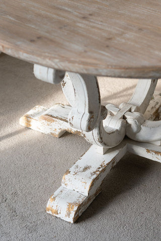 Round Wooden Coffee Table With Distressed Scrollwork Legs - Multicolor