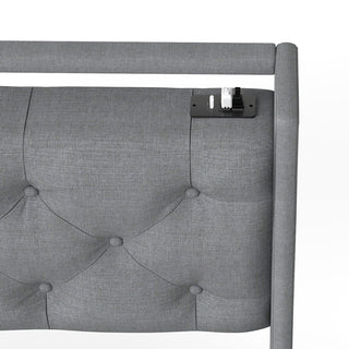 Queen Platform Bed Frame With RGB LED & Charging Station, Storage Headboard - Gray