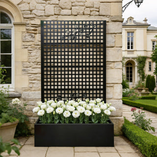 Planter Box With Trellis, Outdoor Raised Garden Bed With Privacy Screen Lattice Panels For Patio - Black