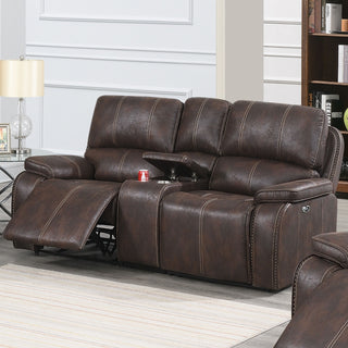 Power Reclining Loveseat With USB Port Leather Upholstered, Built In Cup Holder - Chocolate
