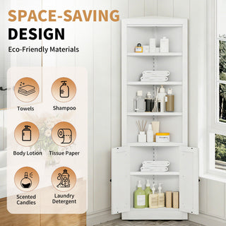 Tall Corner Storage Cabinet With 2 Doors, 5-Tier With Adjustable Shelves, Freestanding - White