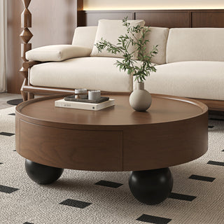 Round Coffee Table With Storage Drawer And Ball Feet - Walnut / Black