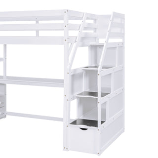 Loft Bed With Desk, Shelves, 2 Drawers, Storage Staircase
