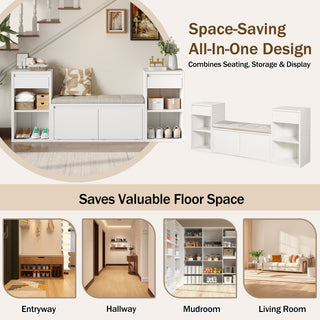 Entryway Storage Bench With Cushion, Drawers & Open Shelves