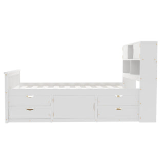 Captain Platform Bed Frame With Bookcase Headboard, 4 Drawers, Storage Shelves
