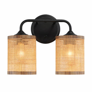 Quell - Double Light Vanity With Natural Shade Wall Lamp - Black / Rattan
