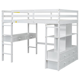 Full Size Loft Bed With Built In Desk, 2 Drawers, Storage Shelves - White