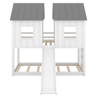 Twin Over Twin House Bunk Bed With Slide And Windows - White / Gray