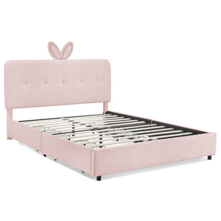 Upholstered Bed With Oversized Rabbit Ear Headboard, LED Lights & 4 Storage Drawers