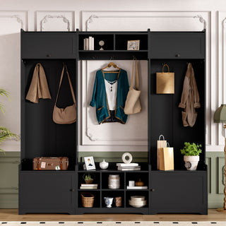Wide Hall Tree With Shoe Storage, 4 In 1 Entryway Bench With 8 Cubbies, 7 Coat Hooks & Adjustable Shelf For Hallway - Black