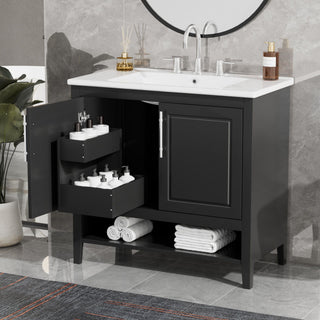 36" Bathroom Vanity With Sink, Frame Cabinet With Doors And Drawers - Black
