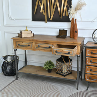 Accent Storage Console Table With Open Shelf And 3 Drawers For Living Room - Natural Wood / Brown