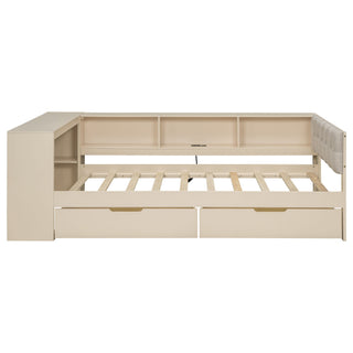 Upholstered Headboard Platform Bed With Storage Shelves, Drawers, Charging Station