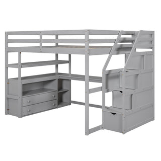 Loft Bed With Desk, Shelves, 2 Drawers, Storage Staircase