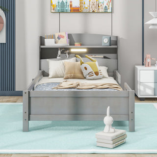 Wood Platform Bed With Built In LED Light, Storage Headboard And Guardrail