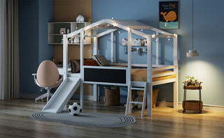 Loft House Bed With Ladder And Slide, With board And Light Strip On The Roof