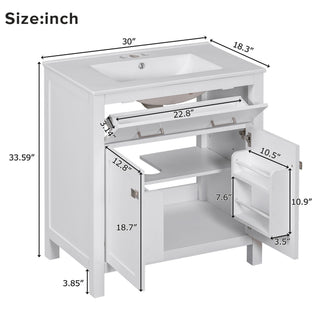 Bathroom Vanity With Ceramic Sink, Modern Single Bathroom Cabinet With 2 Doors And A Shelf, Soft Close Doors