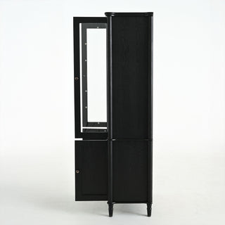 Vintage Display Cabinet With Double Glass Doors, Traditional Style For Collectibles, Ash Wood Veneer, 73.25" Tall - Black / Natural