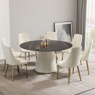 Modern Artificial Stone Round Plywood Base Dining Table, Can Accommodate 8 People, (Not Including Chairs) - Black / Beige